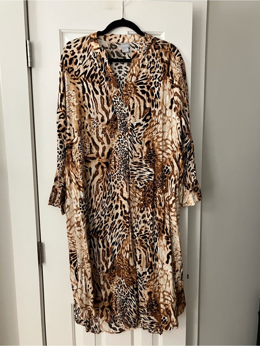 Chico's Long-Sleeve Animal Print V-Neck Dress in Brown and Cream